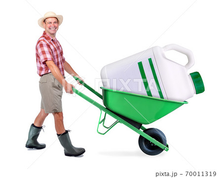 Cheerful gardener carrying a large plastic bottle.  70011319
