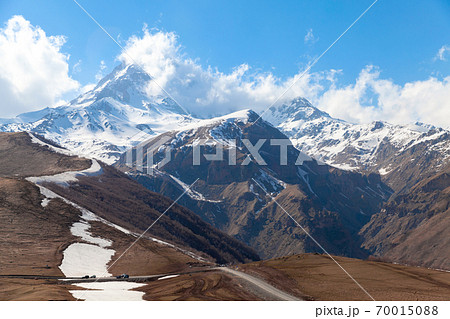 Mount Kazbek. Georgian landscape with mountain road 70015088