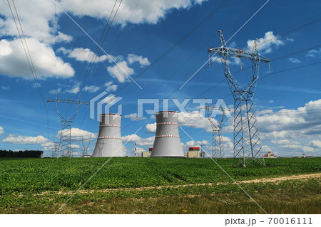 Nuclear power plant and cooling towers in Ostrovets, Grodno region, Belarus. High quality photo by phone. 70016111