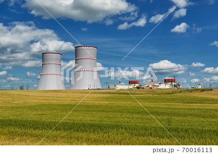 Nuclear power plant, cooling towers and power lines in Ostrovets, Grodno region, Belarus. 70016113