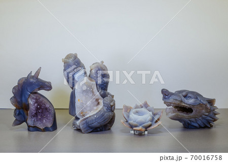 Crystal Stone macro, purple rough amethyst quartz crystals. 70016758