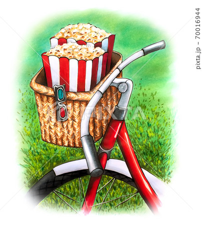 Movie popcorn bicycle hand-drawn marker illustration. For cards, movie quiz or cinema nights event posters, banners or decoration 70016944