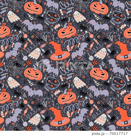 Halloween seamless pattern. Hand-drawn illustration with pumpkins, tombstone, skull, ghost, bat, hat, cat and etc. It can be used for wallpaper, wrapping, textile. Halloween seamless pattern. Hand-drawn illustration with pumpkins, tombstone, skull, ghost, bat, hat, cat and etc. It can be used for wallpaper, wrapping, textile. 70017717