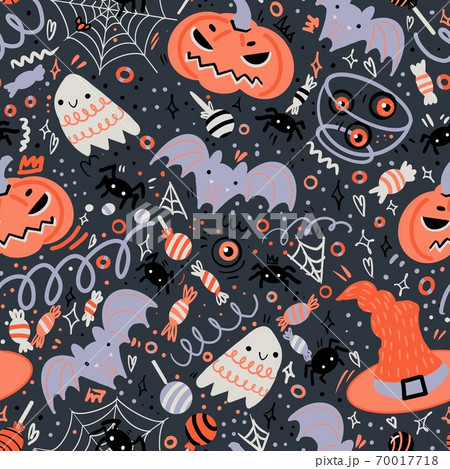 Halloween seamless pattern. Hand-drawn illustration with pumpkins, tombstone, skull, ghost, bat, hat, cat and etc. It can be used for wallpaper, wrapping, textile. Halloween seamless pattern. Hand-drawn illustration with pumpkins, tombstone, skull, ghost, bat, hat, cat and etc. It can be used for wallpaper, wrapping, textile. 70017718