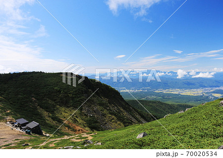 初秋の八ヶ岳連峰 根石岳からの根石岳山荘を望む 初秋の八ヶ岳連峰 根石岳からの根石岳山荘を望む 70020534