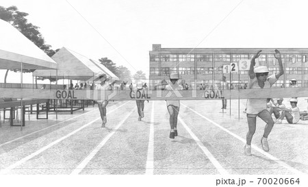 学校　運動会　徒競走　観客有り　建物有り　イラスト54 70020664