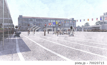 学校　運動会　徒競走　観客有り　建物有り　イラスト51 70020715