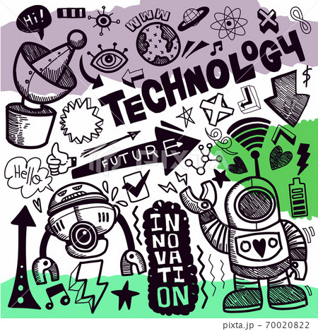 Technology  doodle drawing collection.Hand drawn vector doodle illustrations in colorful cartoon style. 70020822