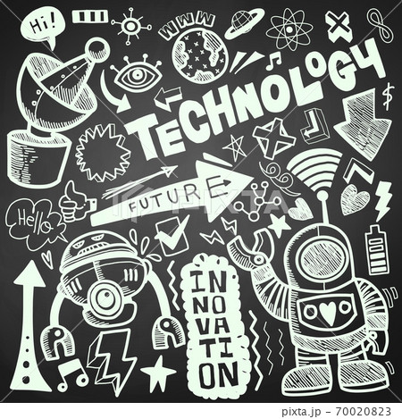 Technology  doodle drawing collection.Hand drawn vector doodle illustrations in colorful cartoon style. 70020823
