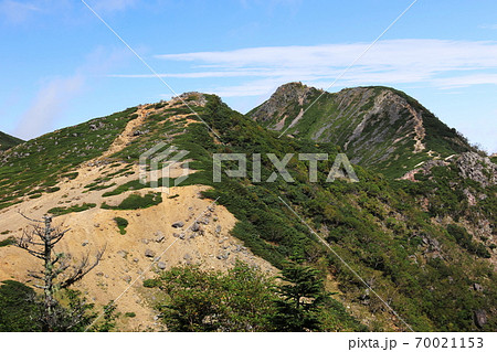 初秋の八ヶ岳連峰　夏沢峠縦走路　根石岳越しに東天狗岳を望む 70021153