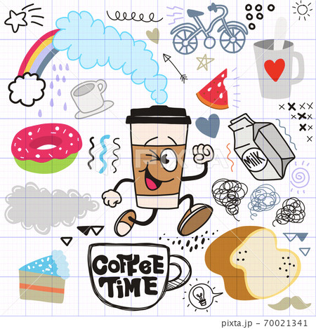 Coffee time doodle drawing collection.Hand drawn vector doodle illustrations in colorful cartoon style. 70021341