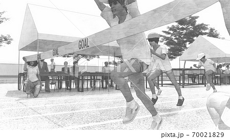 学校　運動会　徒競走　観客有り　建物有り　イラスト74 70021829