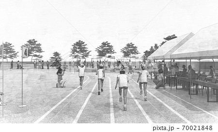 学校　運動会　徒競走　観客有り　建物有り　イラスト68 70021848
