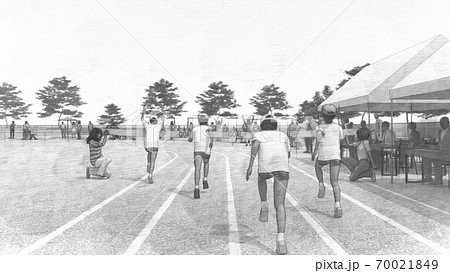 学校　運動会　徒競走　観客有り　建物有り　イラスト69 70021849