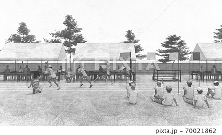 学校 運動会 徒競走 観客有り 建物有り イラスト58のイラスト素材