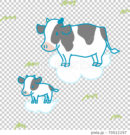 かわいい牛の親子が雲に乗って牧場の上を飛んでいるイラストのイラスト素材