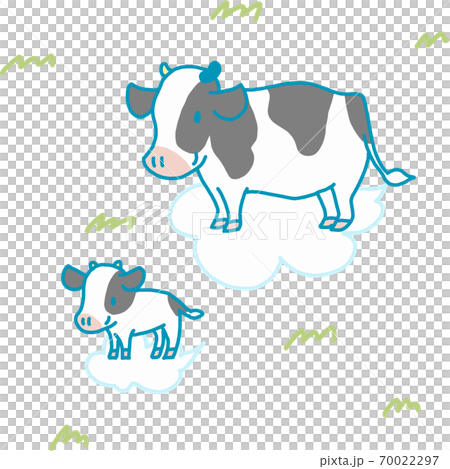 かわいい牛の親子が雲に乗って牧場の上を飛んでいるイラスト 70022297