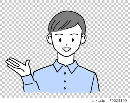 右手をあげて笑顔で案内する若い男性 右手をあげて笑顔で案内する若い男性 70023199