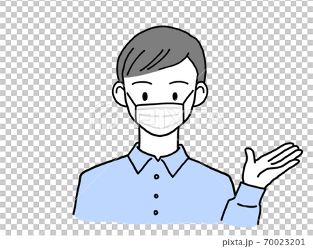 左手をあげて笑顔で案内するマスク姿の若い男性 左手をあげて笑顔で案内するマスク姿の若い男性 70023201