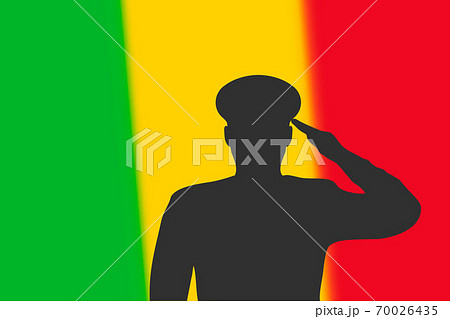 Solder silhouette on blur background with Mali flag. Solder silhouette on blur background with Mali flag. 70026435