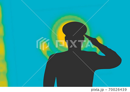 Solder silhouette on blur background with Kazakhstan flag. 70026439