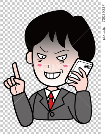 悪いことを企んでいるスーツ姿の男性（スマホで通話中） 70029337