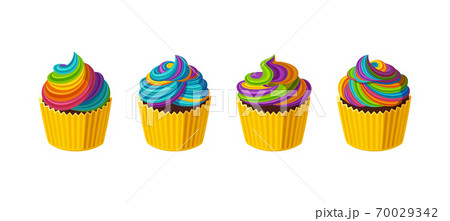 Rainbow cupcakes with multicolored icing. Tasty dessert with cream. Vector illustration in cartoon style 70029342