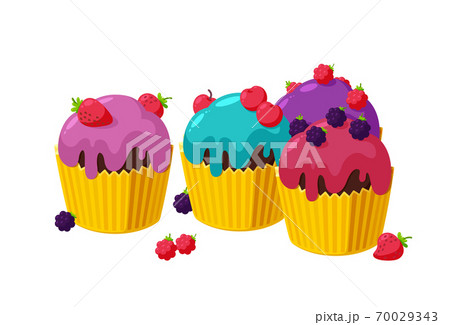 Cupcakes with cherry, raspberry, blackberry and strawberry. Birthday muffins in paper cup. Tasty desserts with shiny frosting. Vector illustration 70029343