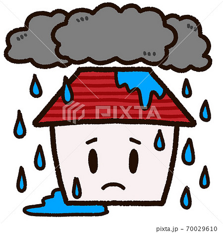 大雨の被害に遭っている家のキャラクターのイラスト素材