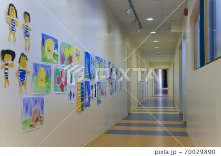 Children's Art Projects on a school corridor wall 70029890