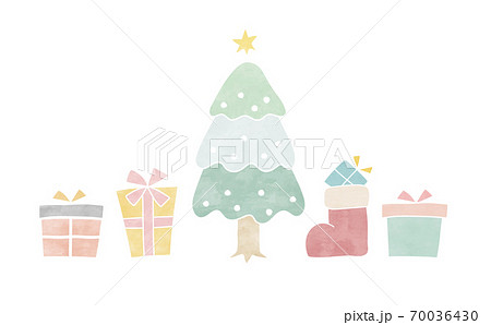 クリスマスツリーとプレゼントの手描きイラストのセット かわいい 水彩 おしゃれ シンプル ホリデーのイラスト素材