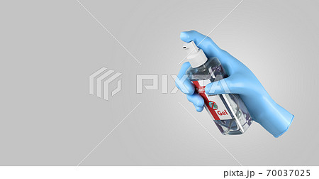 a medical glove holds a jar of antiseptic sanitizer gel 3d render on grey gradient 70037025