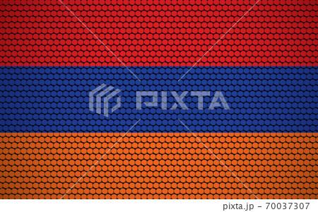 Abstract flag of Armenia made of circles. White, blue, red Armenian flag designed with colored circles giving it a modern and abstract look. 70037307