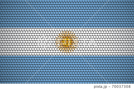 Abstract flag of Argentina made of circles. White, blue Argentinian flag with yellow sun in the center designed with colored circle 70037308