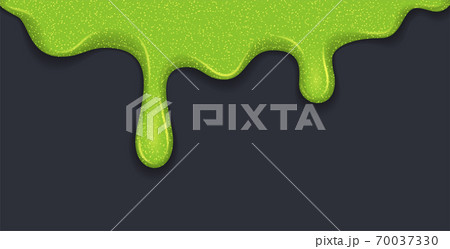 Background of dribble slime. Flowing green sticky liquid. Melted paint drips and flowing. Vector illustration with toxic blob on grey background 70037330