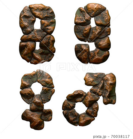 Set of rocky numbers 8, 9 and symbols female, male. Font of stone on white background. 3d Set of rocky numbers 8, 9 and symbols female, male. Font of stone on white background. 3d 70038117