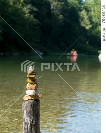 Unfocused People kayaking spring river water. 70039416