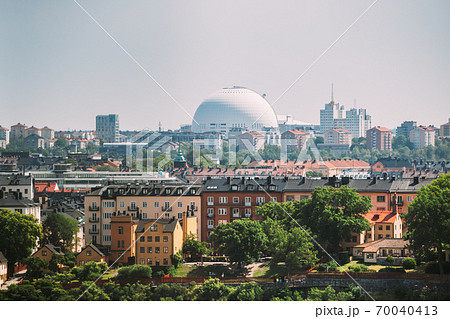 Stockholm, Sweden. Ericsson Globe In Summer Skyline. It's Currently The Largest Hemispherical Building In The World, Used For Major Concerts, Sport Events Stockholm, Sweden. Ericsson Globe In Summer Skyline. It's Currently The Largest Hemispherical Building In The World, Used For Major Concerts, Sport Events 70040413