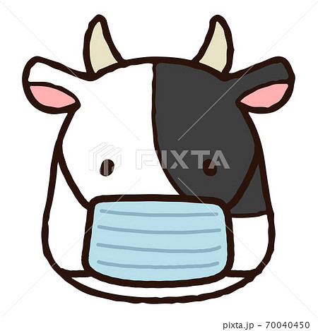 マスクを着用した可愛くてシンプルな牛の顔のイラスト 主線ありのイラスト素材