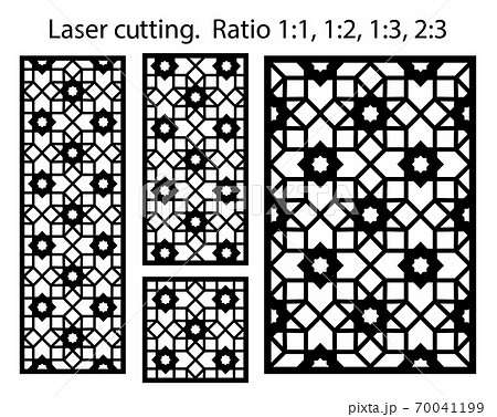 Arabic islamic decorative wall, screen, panel pattern with stars. Vector template kit. Set of decorative vector panels for laser cutting. Template for interior partition in arabesque style Arabic islamic decorative wall, screen, panel pattern with stars. Vector template kit. Set of decorative vector panels for laser cutting. Template for interior partition in arabesque style 70041199