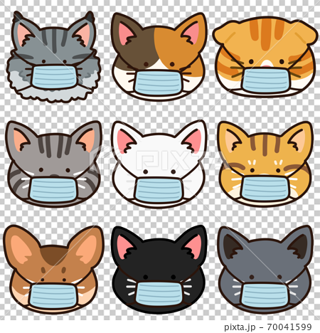 マスクを着用したシンプルで可愛い色々な猫の顔セット 主線ありのイラスト素材