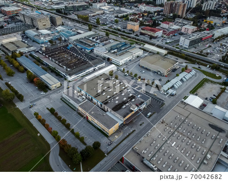 Evening industrial zone district drone aerial view Evening industrial zone district drone aerial view 70042682