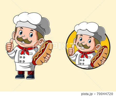 The chef is holding the big hot dog for the logo restaurant 70044720
