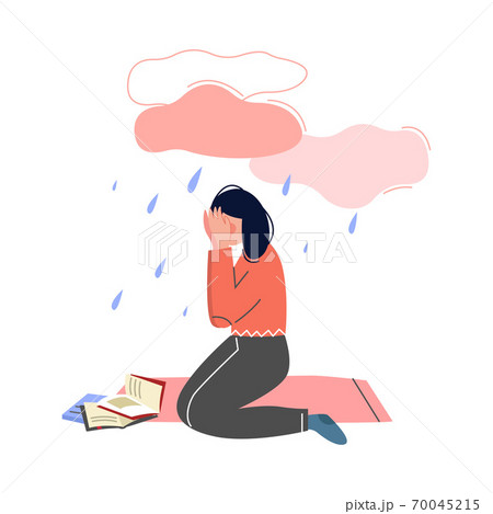 Depressed Teen Girl Sitting under Rain Cloud, Girl Having Learning Problems Vector Illustration 70045215
