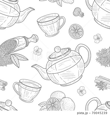 Tea Elements Seamless Pattern, Cafe, Restaurant Menu or Tea Shop Design, Fabric, Packaging, Background Hand Drawn Vector Illustration Tea Elements Seamless Pattern, Cafe, Restaurant Menu or Tea Shop Design, Fabric, Packaging, Background Hand Drawn Vector Illustration 70045239