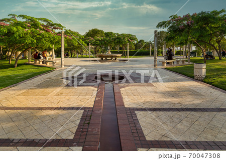 Al -Azhar Park in Cairo, Egypt  daylight view with fountain and people inside 70047308