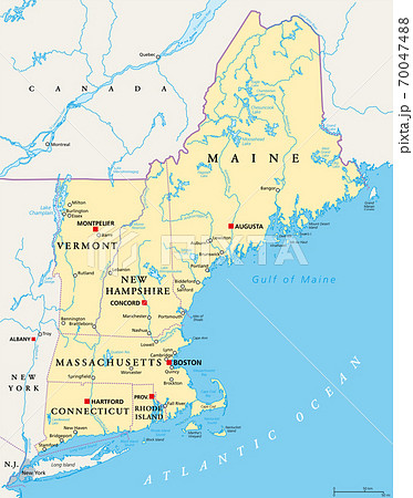 New England region of the United States of America, political map. Maine, Vermont, New Hampshire, Massachusetts, Rhode Island and Connecticut with their Capitals and borders. Illustration. Vector. 70047488