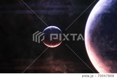 Planets of deep space in light of red and blue stars Planets of deep space in light of red and blue stars 70047808