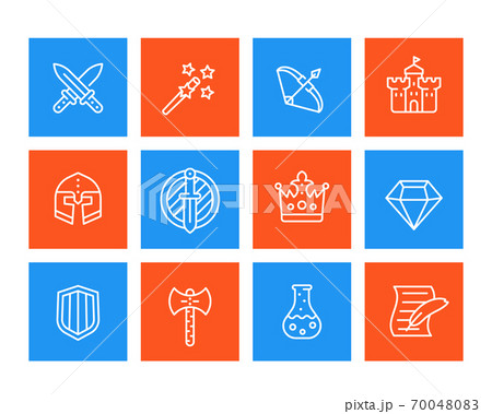 Game icons set, swords, magic wand, bow, fortress 70048083