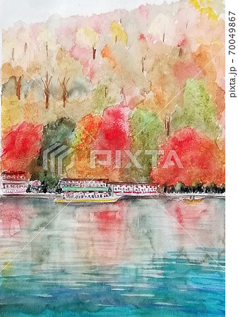 嵐山  秋　紅葉　GOTO　民家　屋形船　紅葉　水彩画 70049867